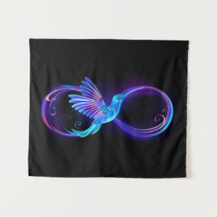 Neon Infinity Symbol with Glowing Hummingbird Tapestry