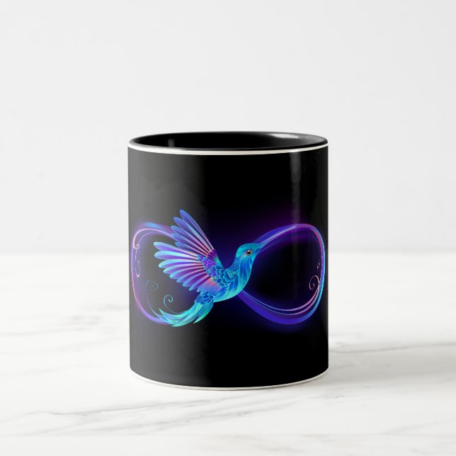 Neon Infinity Symbol with Glowing Hummingbird Two-Tone Coffee Mug (Center)