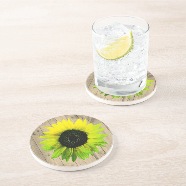 Neon Ink Sunflower on Rustic Wood Coaster (Side)