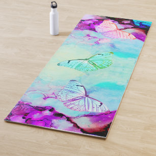 Neon Ink Turquoise Magenta Pastel Butterflies  Yoga Mat