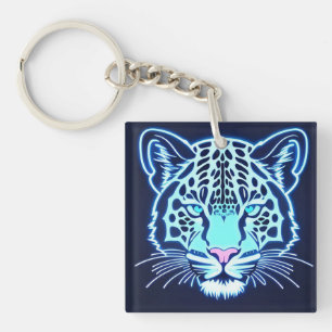 Neon Jaguar Head Outline on Dark Background Key Ring