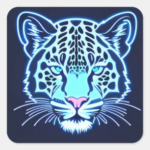 Neon Jaguar Head Outline on Dark Background Square Sticker