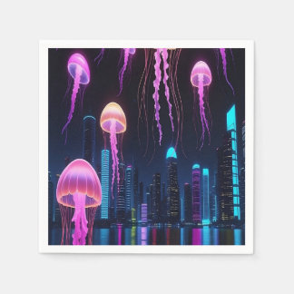 Neon Jellyfish Over Cyber City Napkin