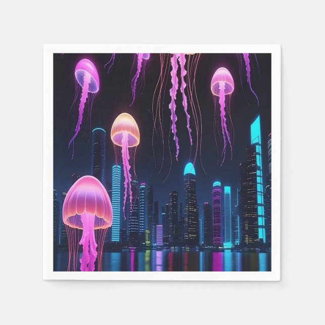 Neon Jellyfish Over Cyber City Napkin (Front)