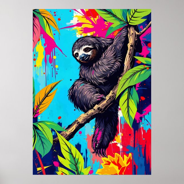 Neon Jungle Sloth – Colour Splash Animal Art Poster (Front)