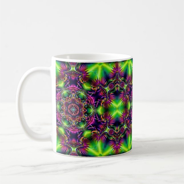 Neon Kaleidoscope Coffee Mug – Psychedelic Cup (Left)