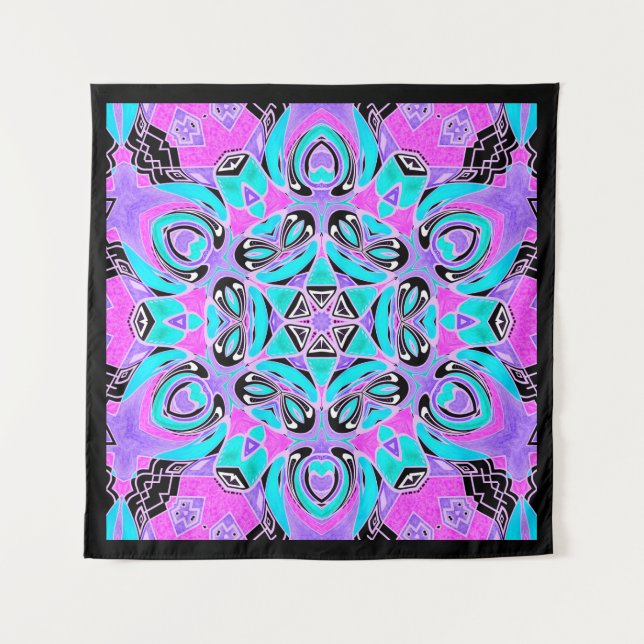 Neon kaleidoscope , mandala , kaleidoscope , pink tapestry (Front)