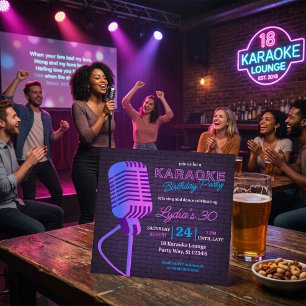 Neon Karaoke Birthday Party Microphone Square Invitation