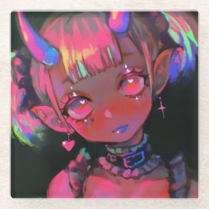 Neon Kawaii Demon Girl Pastel Goth Glass Coaster
