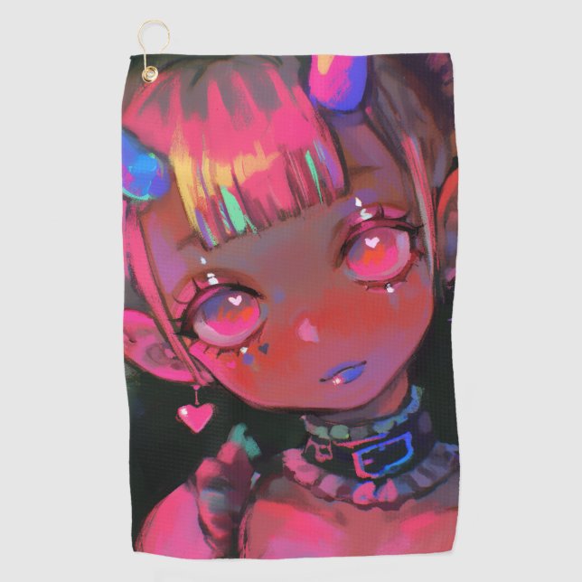 Neon Kawaii Demon Girl Pastel Goth Golf Towel (Front)