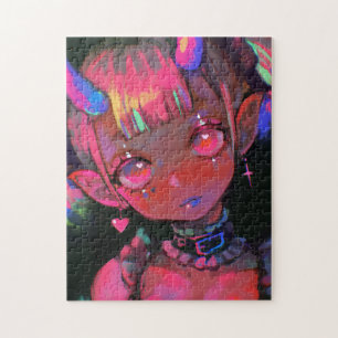 Neon Kawaii Demon Girl Pastel Goth Jigsaw Puzzle