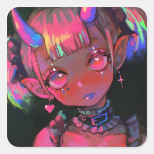 Neon Kawaii Demon Girl Pastel Goth Square Sticker