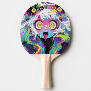 Neon Kawaii Shockwave: Psychedelic Anime Girl Ping Pong Paddle