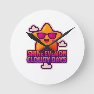 Neon Kawaii Star – “Shine Even on Cloudy Days” Round Clock