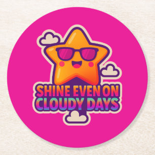 Neon Kawaii Star – “Shine Even on Cloudy Days” Round Paper Coaster