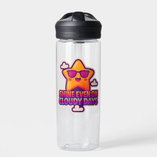 Neon Kawaii Star – “Shine Even on Cloudy Days” Water Bottle (Front)
