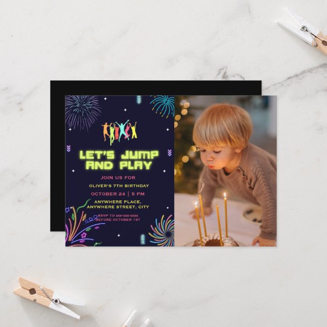 Neon kids trampoline park photo birthday  invitation (Front/Back In Situ)