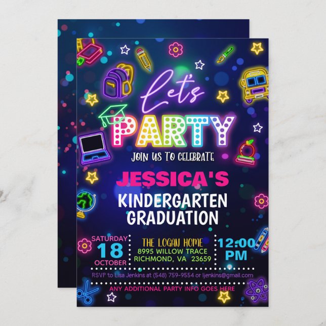 Neon Kindergarten/PreK/Preschool Graduation Invitation (Front/Back)