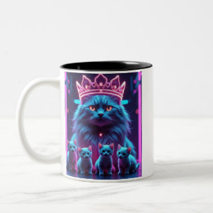 Neon King Cat & Cute Kittens Vibrant Neon Pop Ar Two-Tone Coffee Mug