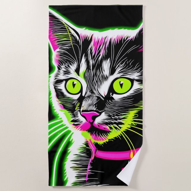 Neon Kitty Feline Art Beach Towel (Front)