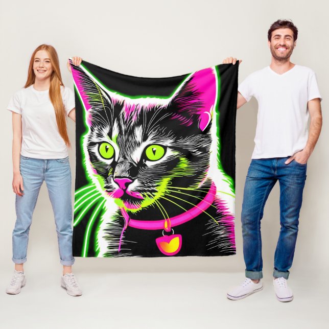 Neon Kitty Feline Art Fleece Blanket (In Situ)