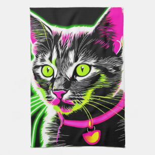 Neon Kitty Feline Art Tea Towel
