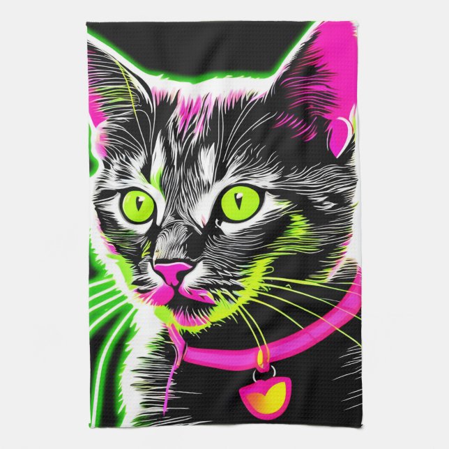 Neon Kitty Feline Art Tea Towel (Vertical)
