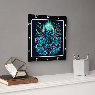 Neon Kraken Octopus Deep Current  Square Wall Clock