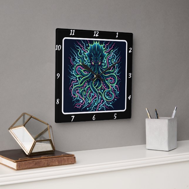 Neon Kraken Octopus Square Wall Clock (Office)
