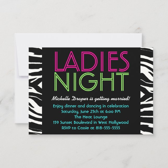 Neon Ladies Night Card zebra (Front)