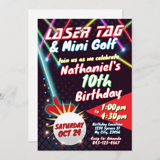Neon Laser Tag and Mini Golf Birthday Invitation (Front/Back)