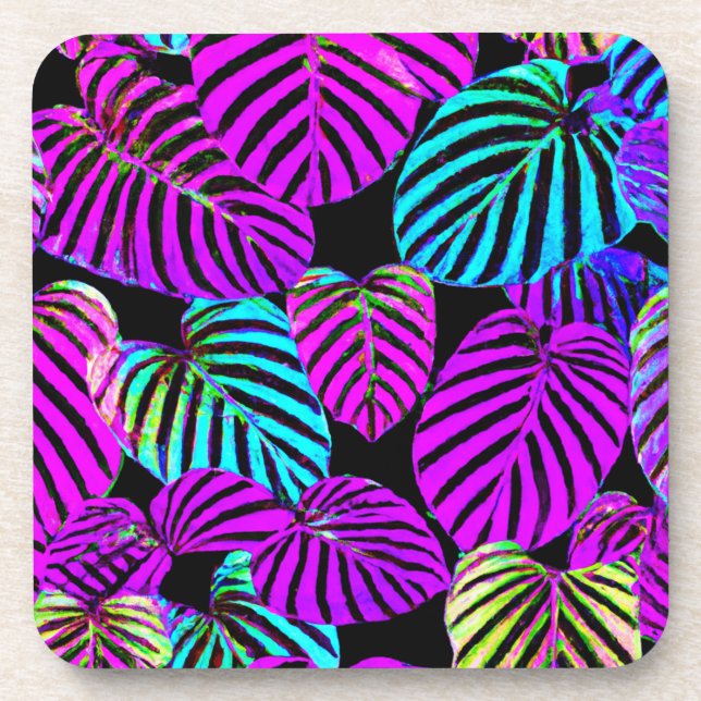 Neon Leaf Harmony Vibrant Pattern Coaster (Front)
