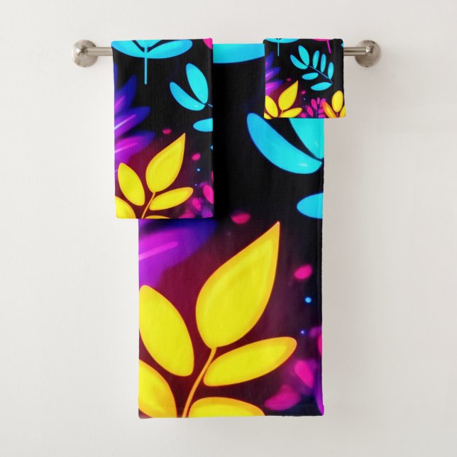 Neon Leaves Abstract Pattern Bath Towel Set (Insitu)