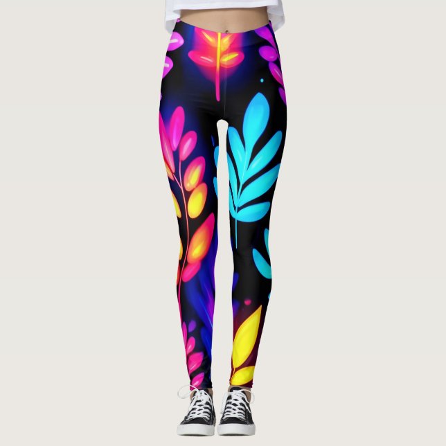 Neon Leaves Abstract Pattern Leggings (Front)