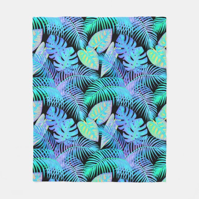 Neon Leaves Tropical Fleece Blanket (Front)