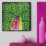 Neon LED Beer Sign Green Square Wall Clock<br><div class="desc">Square wall clock printed with neon look bar sign. The design has coloured beer bottles and is lettered with the word BEER in LED strip lighting. It has a colour palette of green,  red,  pink and yellow. Please browse our store for alternative colorways.</div>