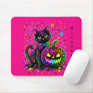 Neon Leopard Halloween Cat & Pumpkin Party Mouse Pad