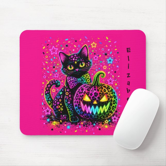Neon Leopard Halloween Cat & Pumpkin Party Mouse Pad (With Mouse)