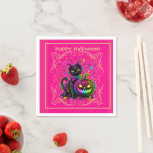 Neon Leopard Halloween Cat & Pumpkin Party Napkin