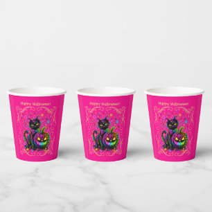 Neon Leopard Halloween Cat & Pumpkin Party Paper Cups