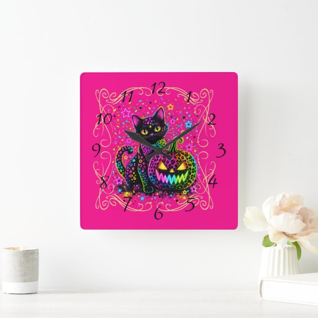 Neon Leopard Halloween Cat & Pumpkin Party Square Wall Clock (Home)