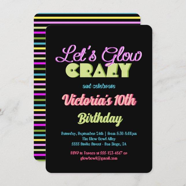 Neon Let's Glow Crazy Birthday Party Invitation (Front/Back)