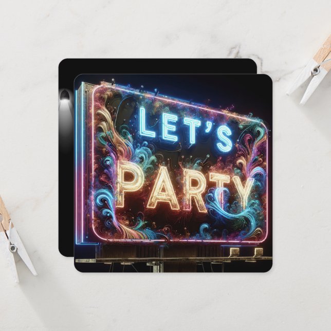 Neon Let's Party Billboard  Invitation (Front/Back In Situ)