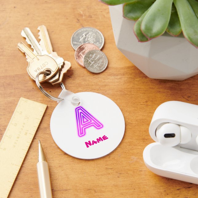 Neon Letter A Monogram Glowing Purple Pink Initial Key Ring (Desk)