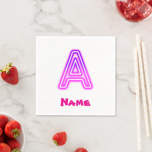 Neon Letter A Monogram Glowing Purple Pink Initial Napkin