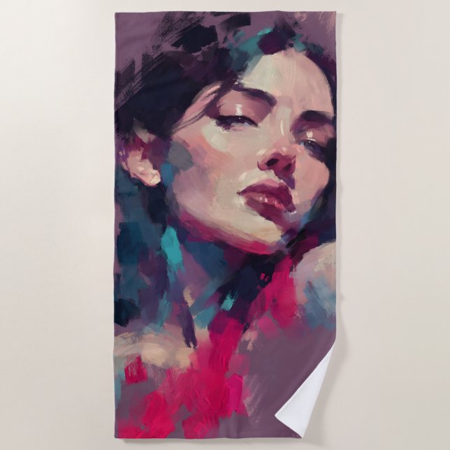 Neon Light Abstract Portrait Beach Towel (Front)