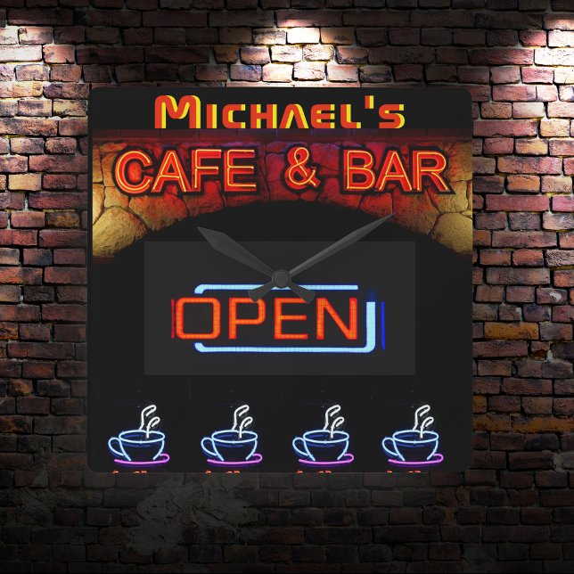 Neon Light BAR CAFE OPen Coffee Cups Personalised Square Wall Clock (Creator Uploaded)