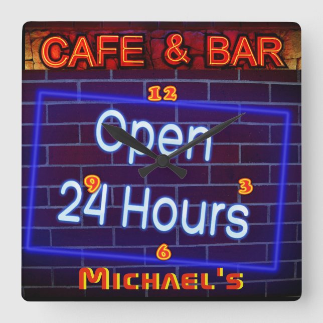 Neon Light BAR CAFE Pen ALL Hours Personalised Square Wall Clock (Front)