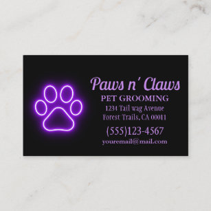 Neon Light Dog Paw Pet Grooming Business Card