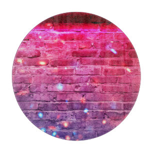 Neon light: empty brick wall. cutting board